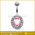 Pink Oval Cubic Zirconia Setting Clear Gems On Rims Gold Plated Surgical Steel Belly Ring